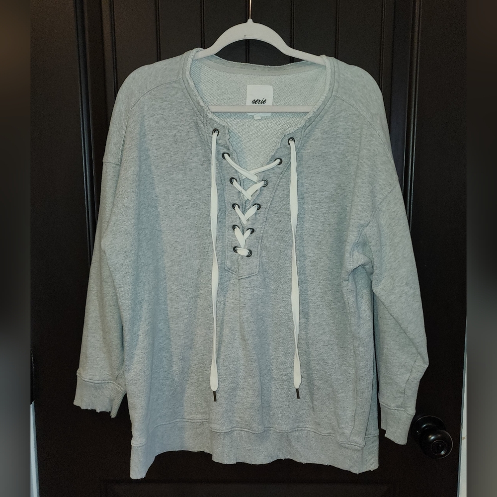 Aerie Heather Gray Lace-Up Sweatshirt, Size M